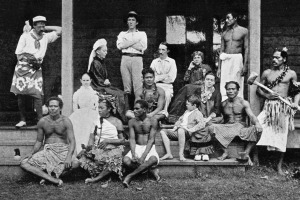 Robert Louis Stevenson and household at Samoa. Stevenson (in white) is seated centre, next to his mother, in profile, ...