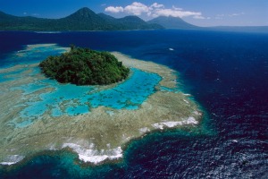 Coral reefs and islands at Kimbe Bay, West New Britain Island, Papua New Guinea.