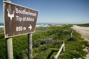 Signpst at Cape Agulhas, South Africa.