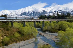 The TranzAlpine, a 10-hour round trip, runs from Christchurch on the east coast of the South Island to Greytown on the west.