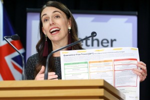 New Zealand Prime Minister Jacinda Ardern outlining the 'traffic light' system for the trans-Tasman bubble earlier this ...