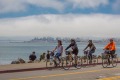 Tourists ride across the Golden Gate Bridge to Sausalito, which has great views back to San Francisco.