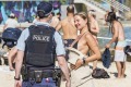 Police patrol Bondi Beach during COVID-19 restrictions last year.