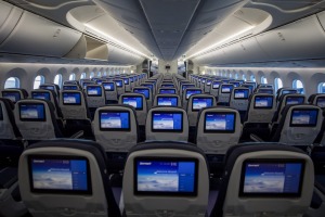 Economy class on board an EgyptAir Boeing 787 Dreamliner.